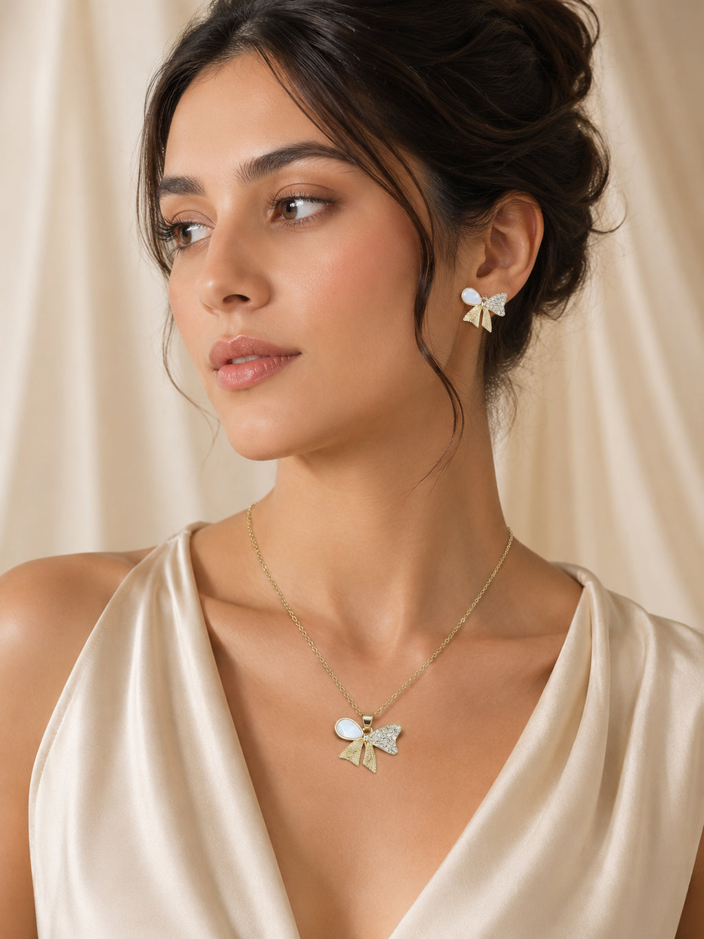 Golden Bow Pearl Necklace & Earrings Set