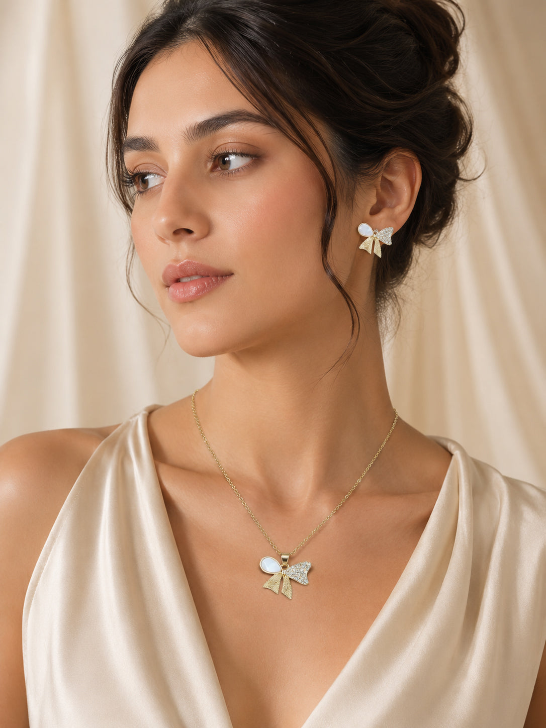 Golden Bow Pearl Necklace & Earrings Set