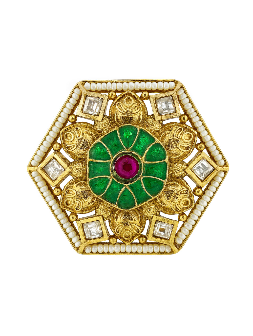 Aanura Gold-Plated Hexagon Green & Ruby Statement Ring
