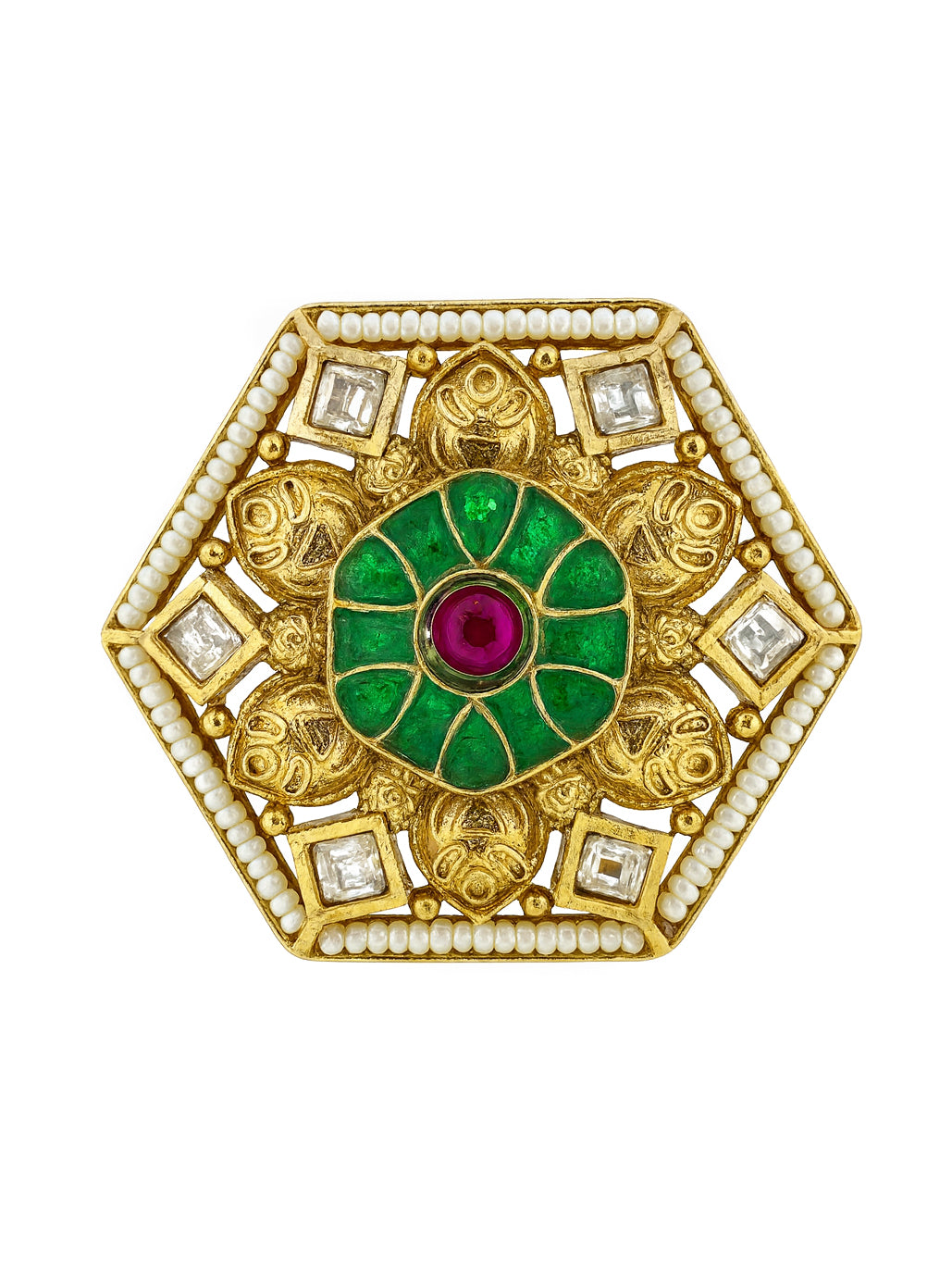 Aanura Gold-Plated Hexagon Green & Ruby Statement Ring