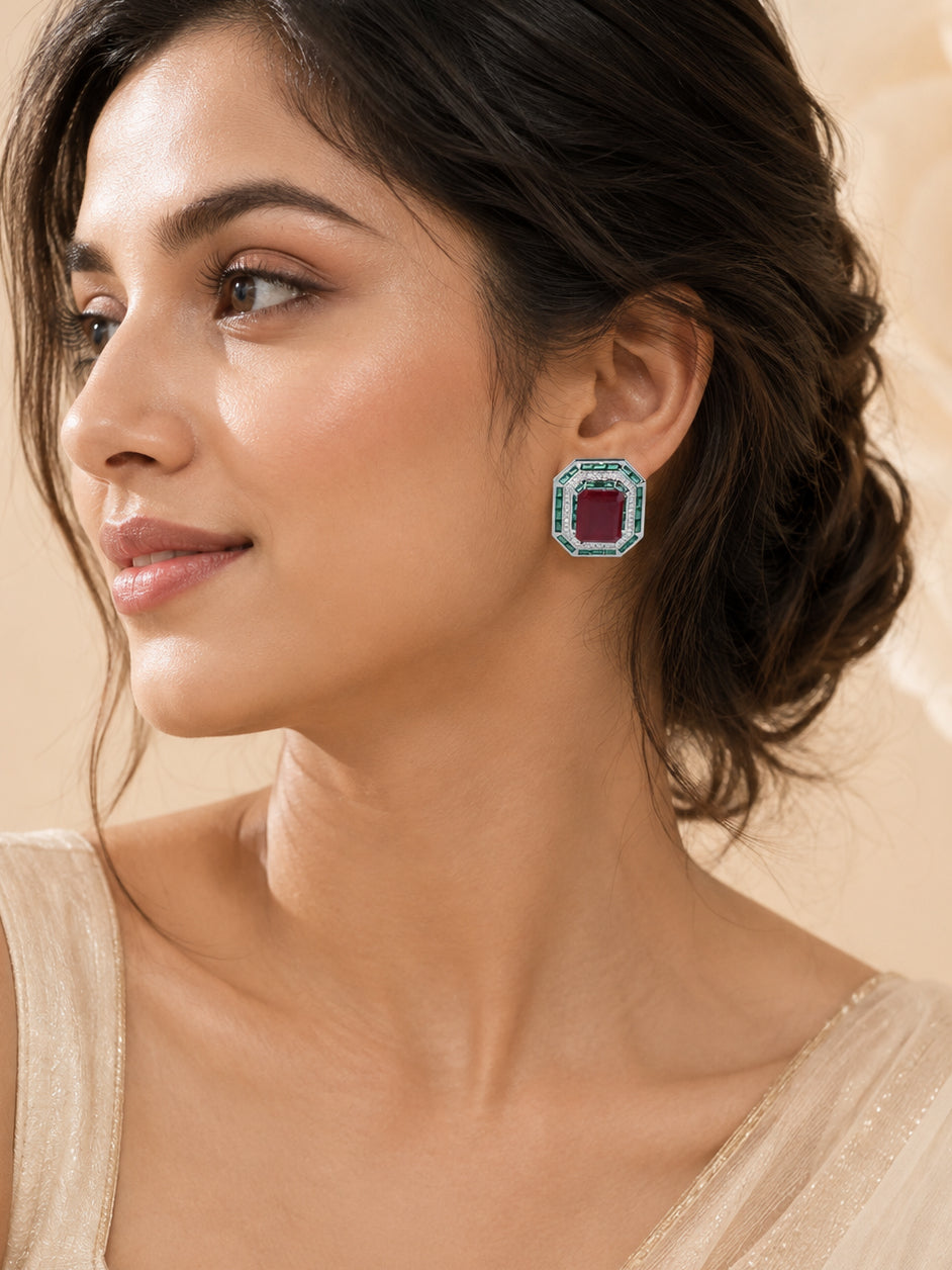 Aanura Ruby & Emerald Octagon Stud Earrings