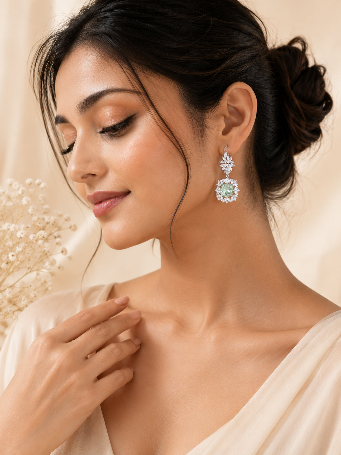 Aanura Silver Green Crystal Halo Drop Earrings