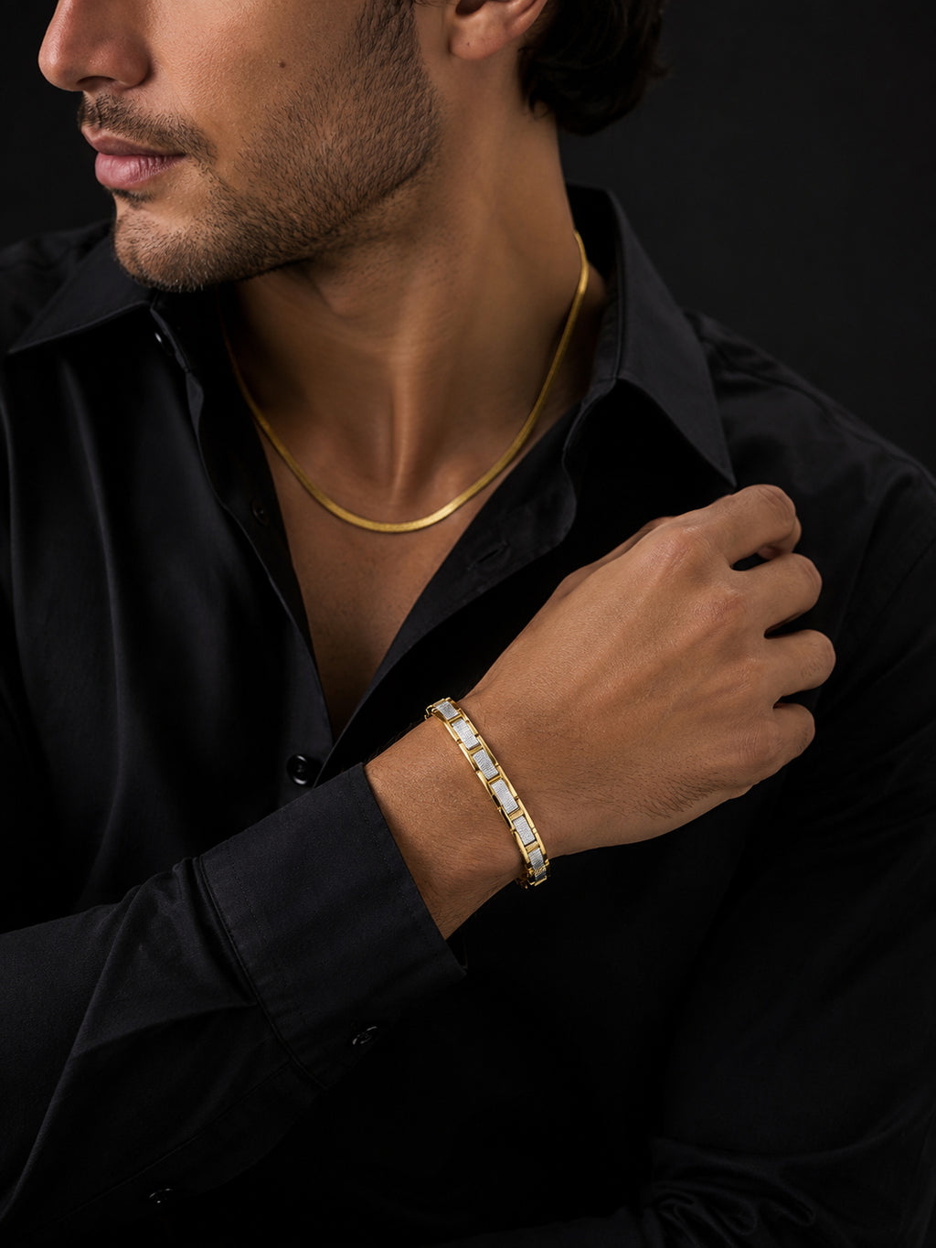 18K Gold Plated Flat Chain & Dual-Tone Bracelet Combo for Men