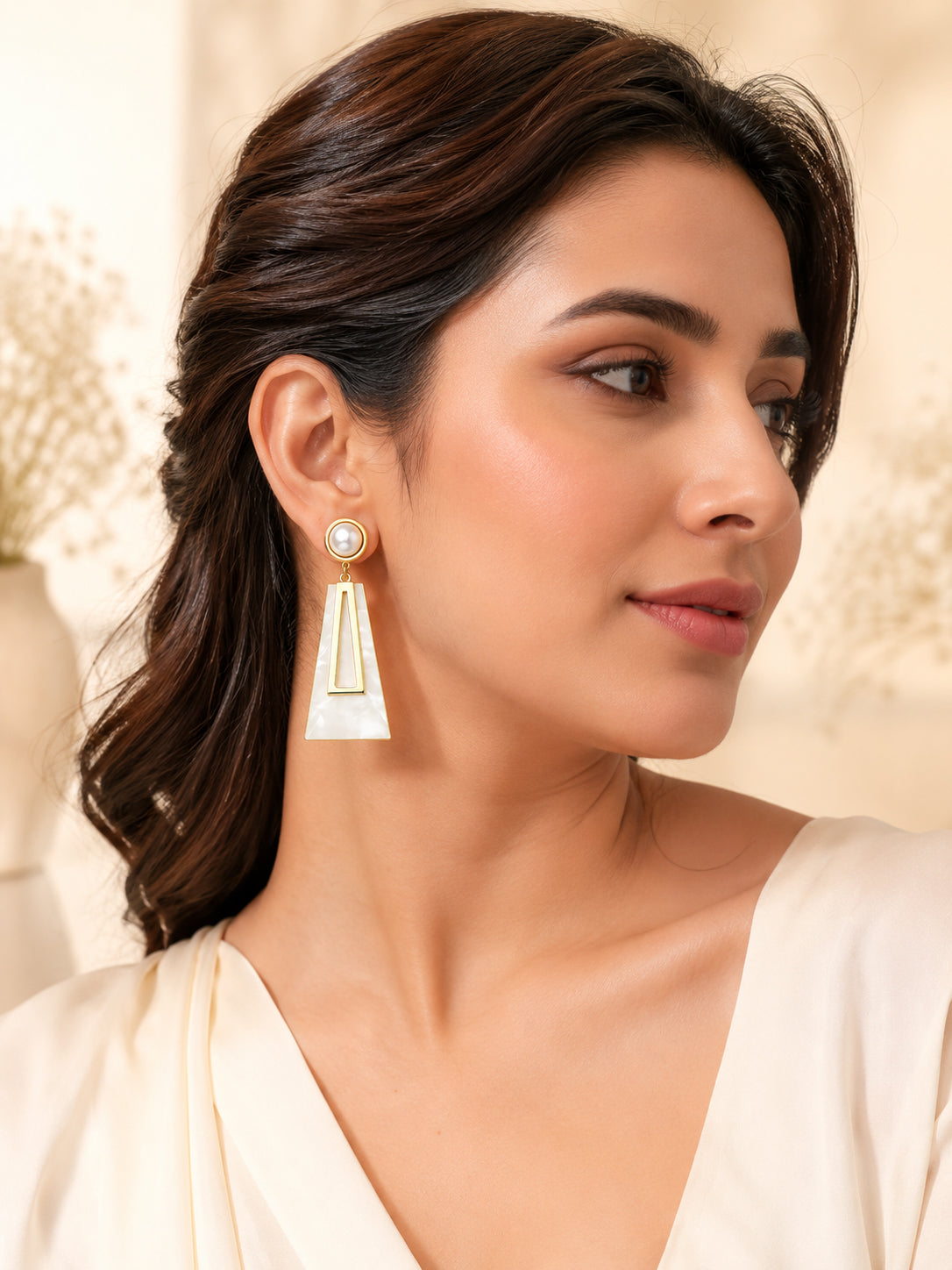 Aanura Pearl Geometric White Gold Drop Earrings