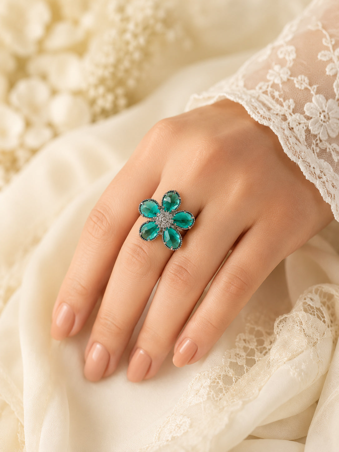 Emerald Flower Statement Ring for Women