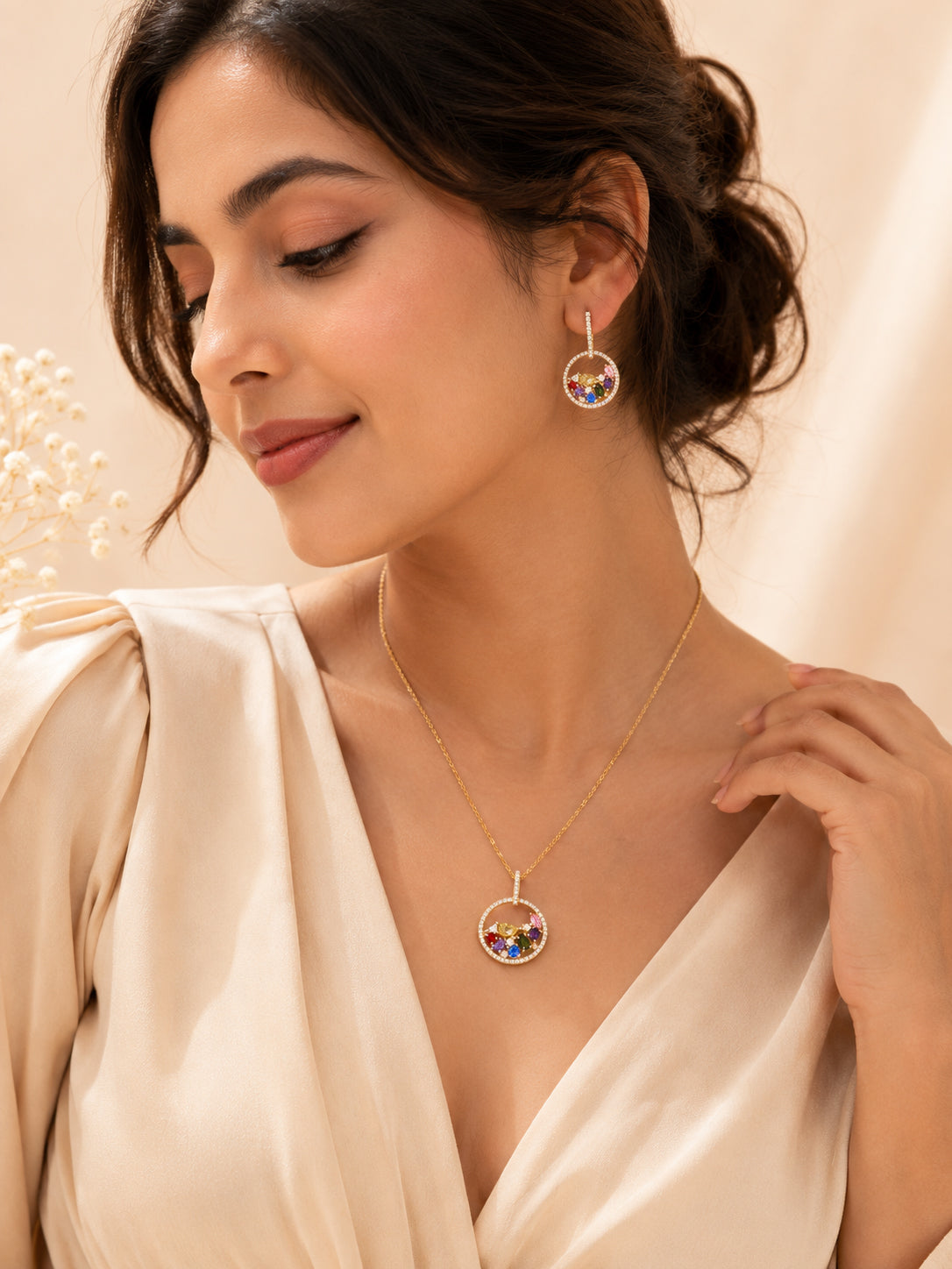 Aanura Multicolor Crystal Circle Necklace & Earrings