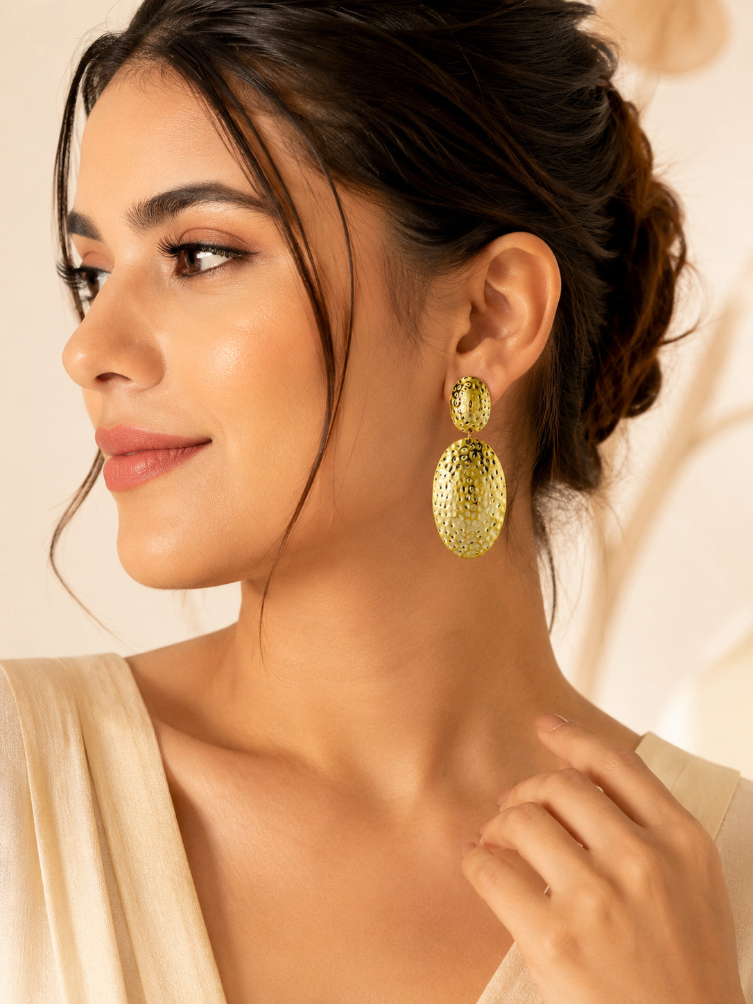Aanura Textured Gold Oval Statement Earrings
