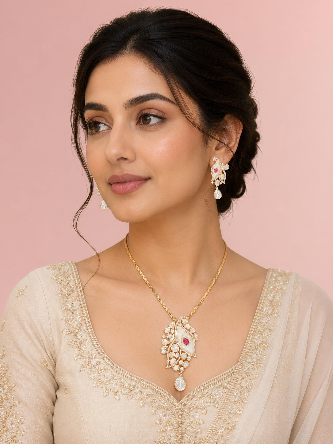 Aanura White Leaf Pendant Necklace & Earrings