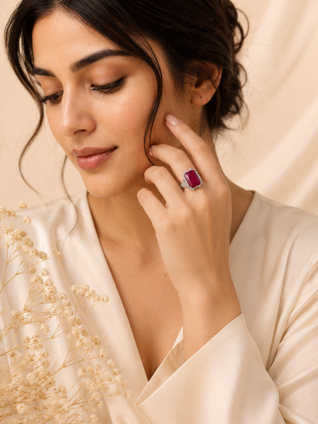 Rhodium Plated Ruby Cocktail Anti-Tarnish Waterproof Ring