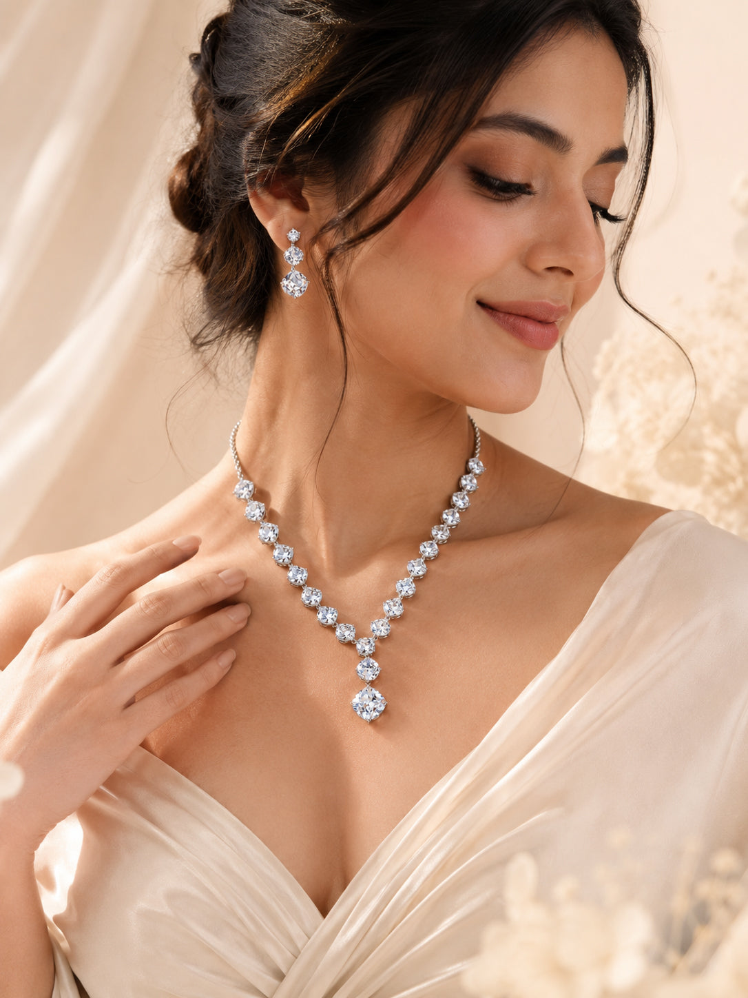 Aanura Clear Crystal Drop Necklace Set in Stainless Steel
