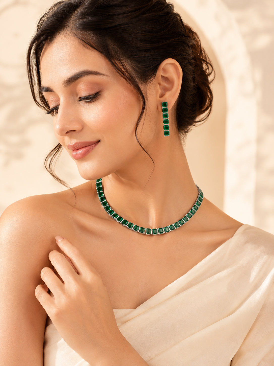 Aanura Green Emerald-Cut Necklace Set in Stainless Steel
