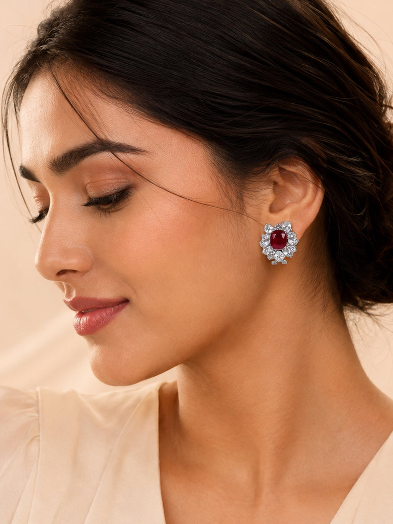 Aanura Red Gemstone Floral Halo Stud Earrings