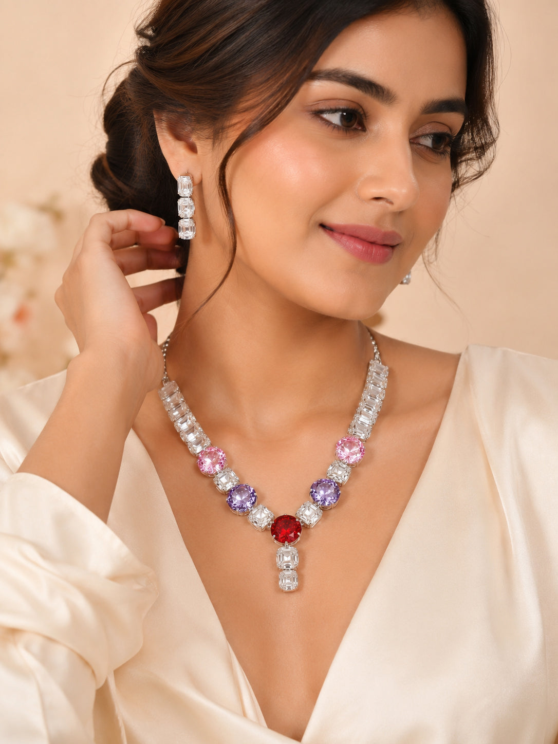 Aanura Red Center Multicolor Crystal Necklace
