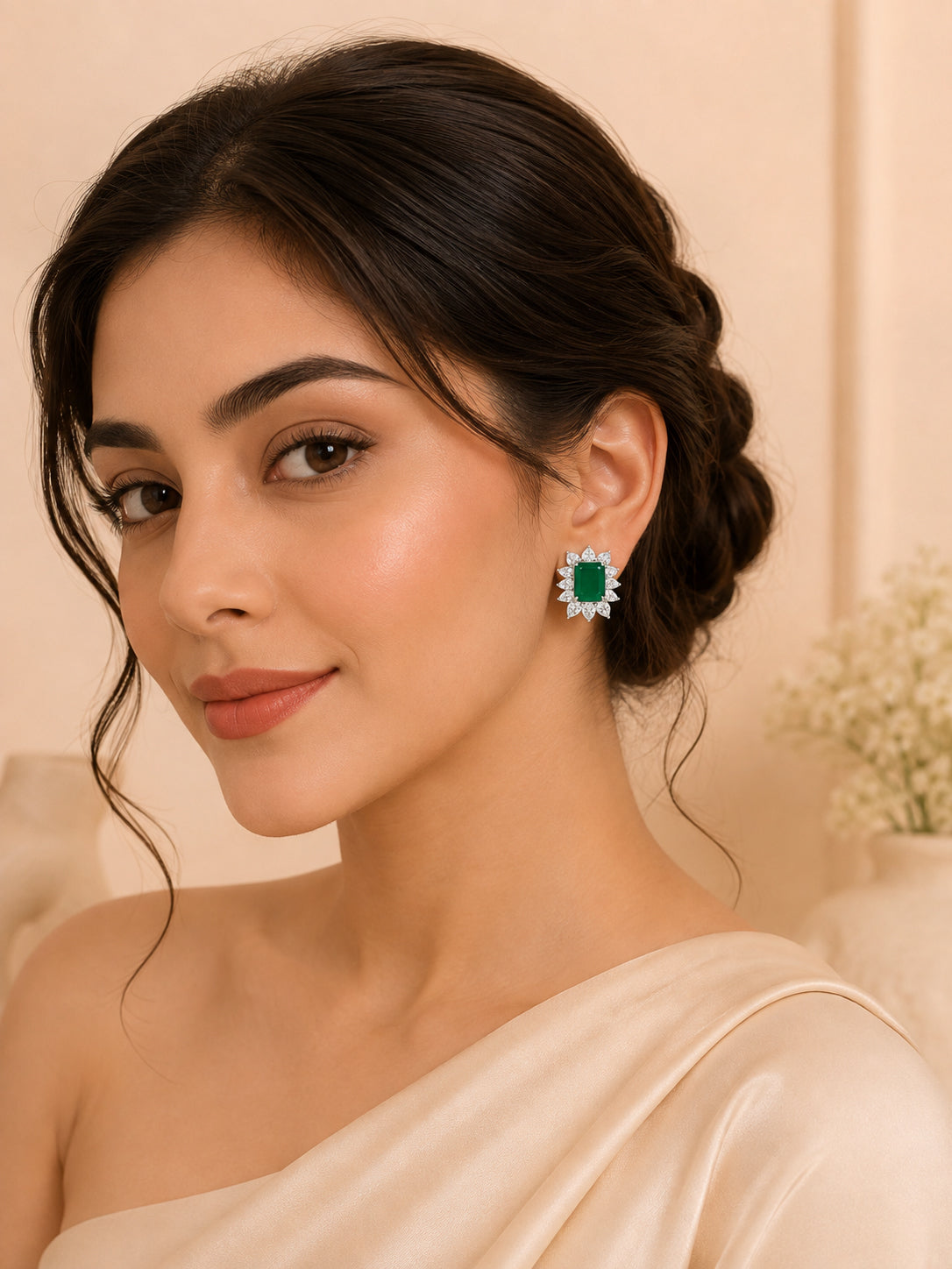 Aanura Emerald-Cut Green CZ Halo Statement Stud Earrings