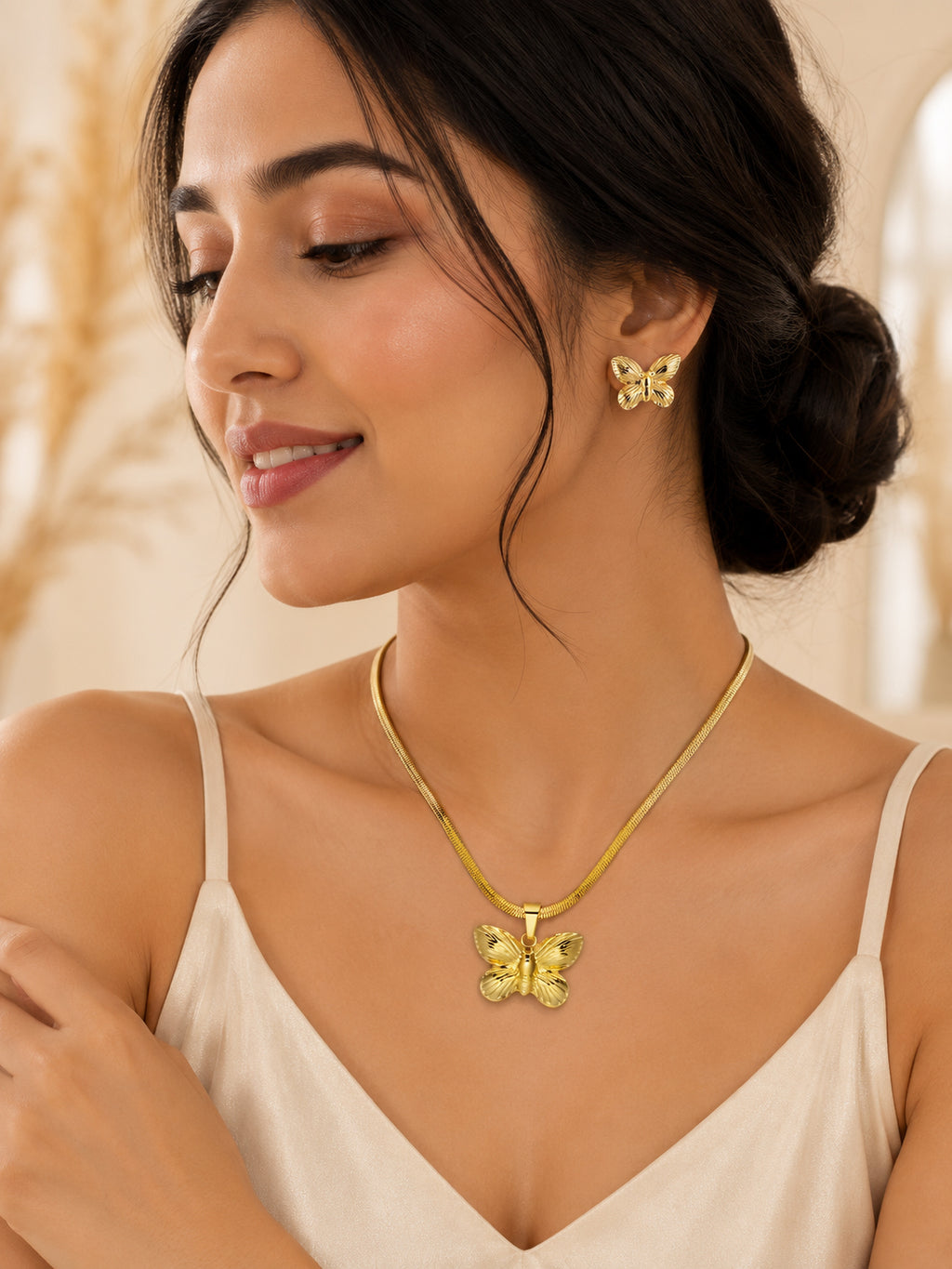 Butterfly Snake Chain Pendant & Stud Set in 18K Gold Plating