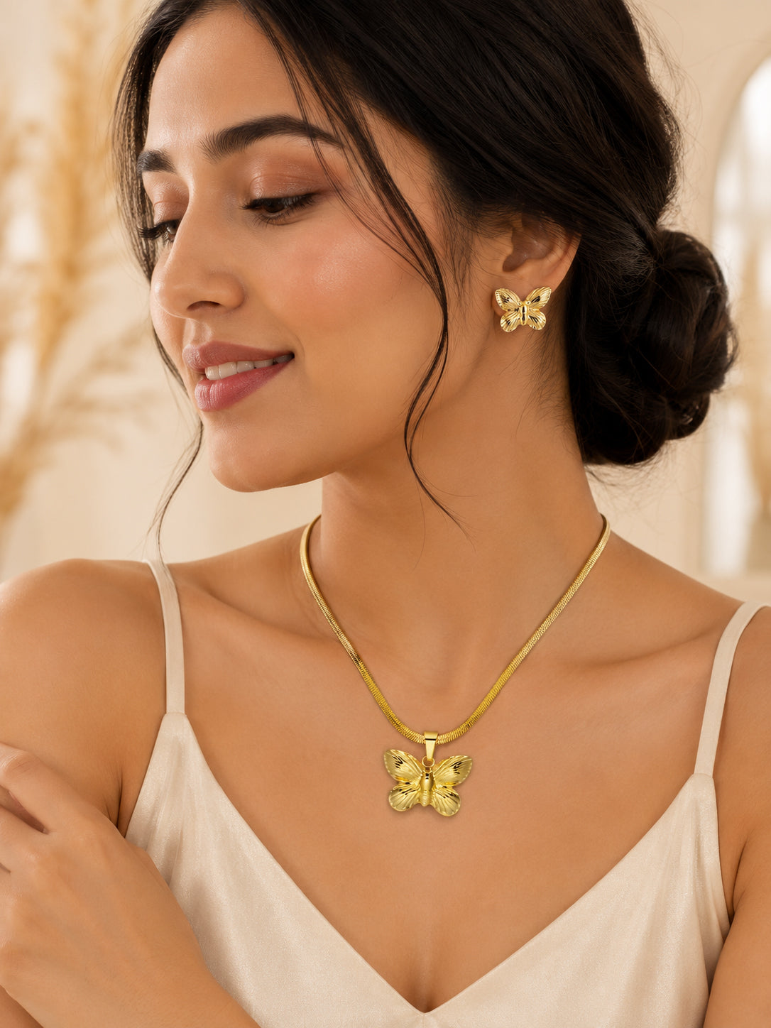 Butterfly Snake Chain Pendant & Stud Set in 18K Gold Plating