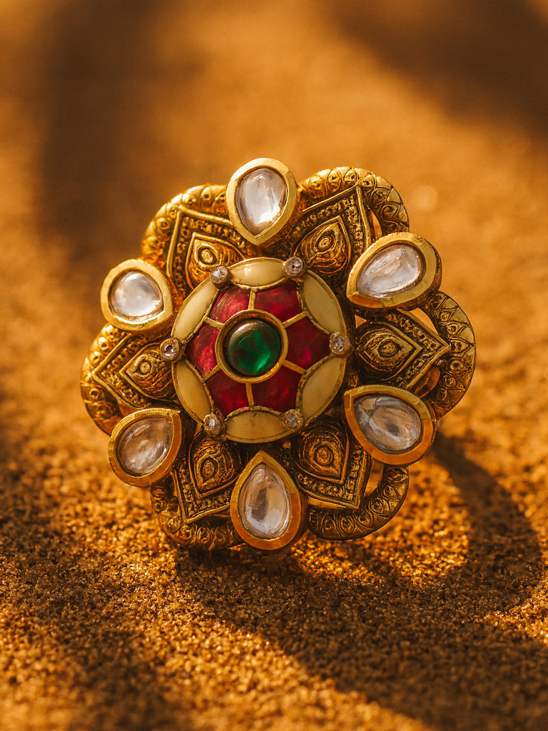 Aanura Gold-Plated Floral Kundan Green Ruby Ring