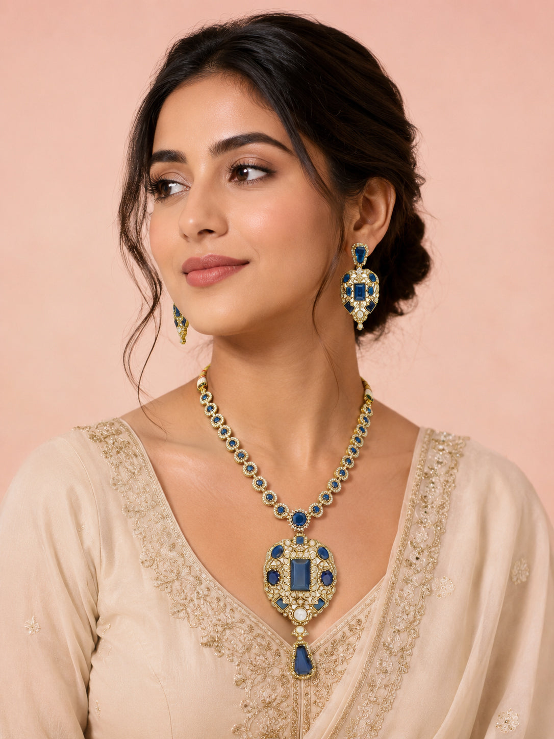 Aanura Red Stone Antique Kundan Necklace & Earrings