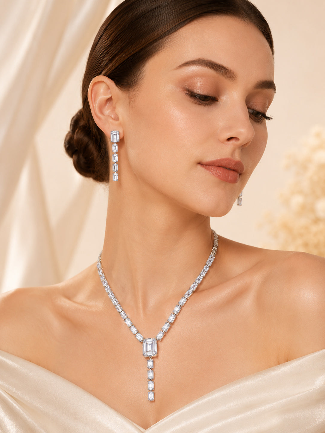 Aanura Clear Baguette Drop Necklace Set