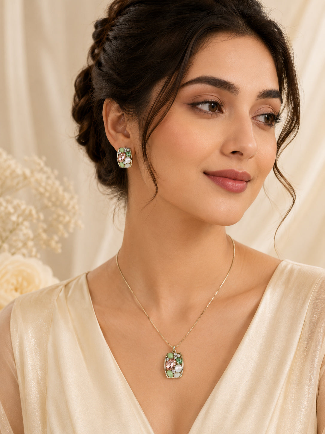 Aanura Pastel Green Peach Rectangular Necklace & Earrings