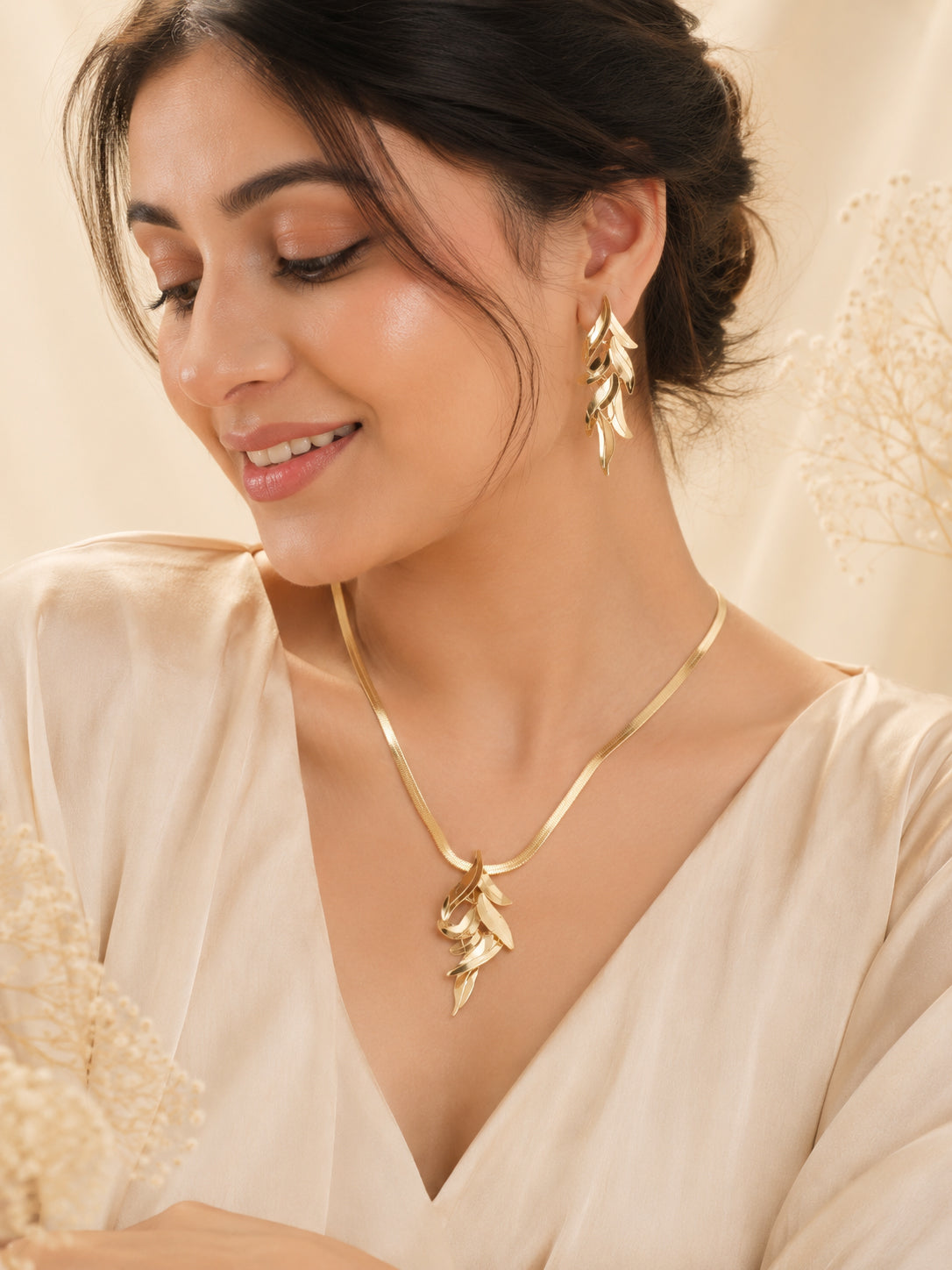 Aanura Golden Leaf Cascade Necklace & Earrings Set