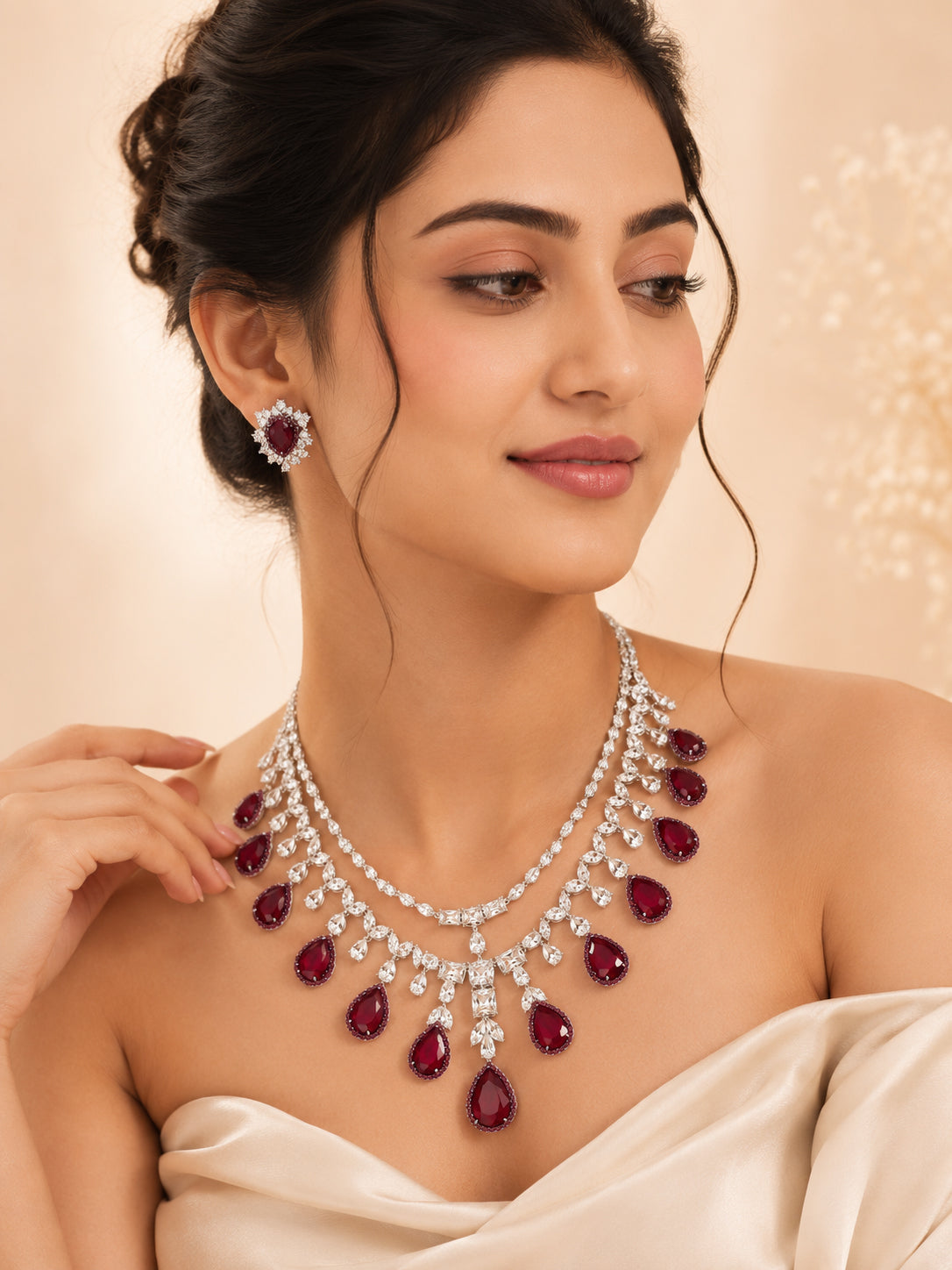 Aanura Ruby Teardrop Layered Necklace Set Stainless Steel