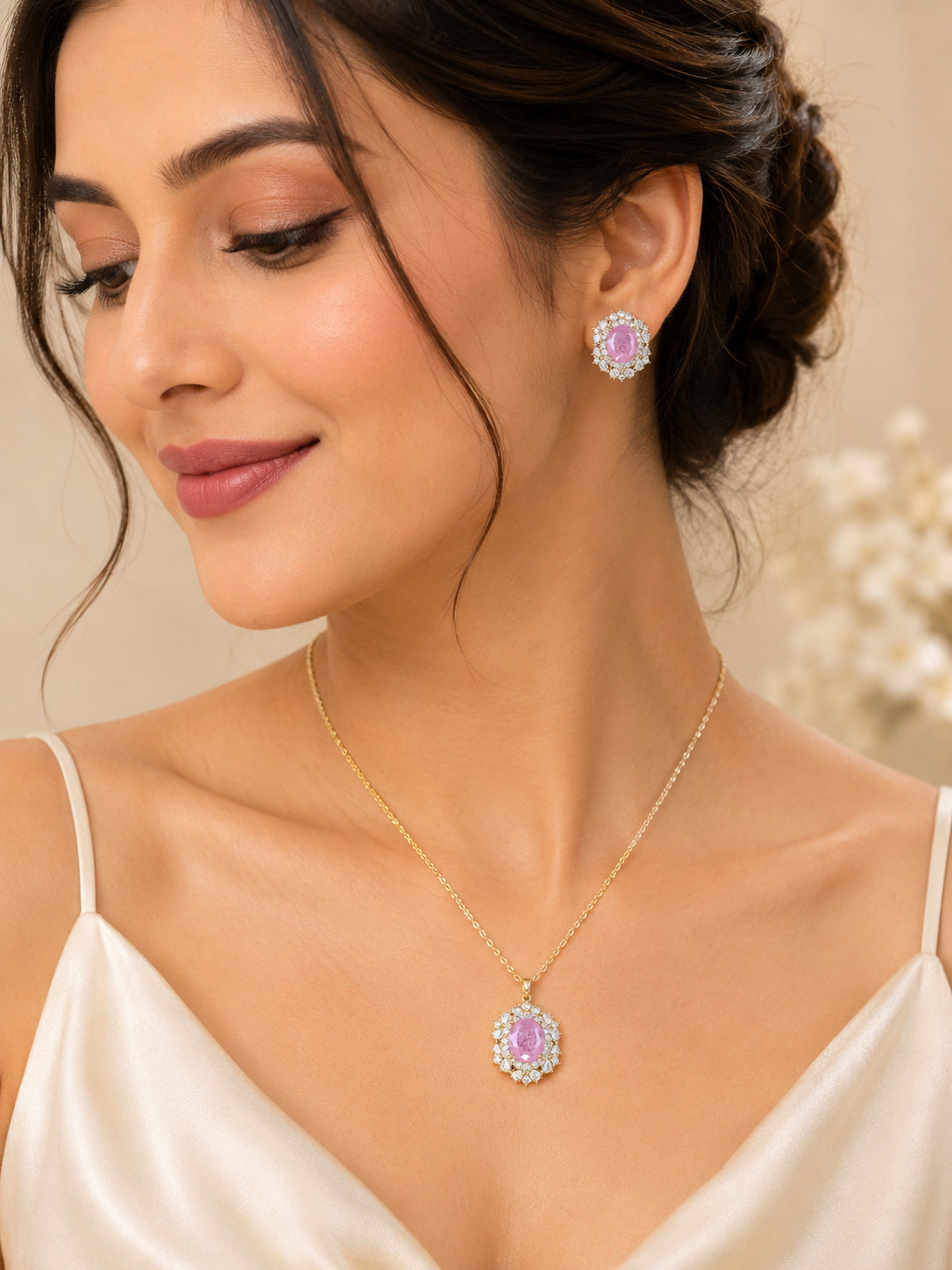 Aanura Pink Oval Halo Necklace & Earrings Set