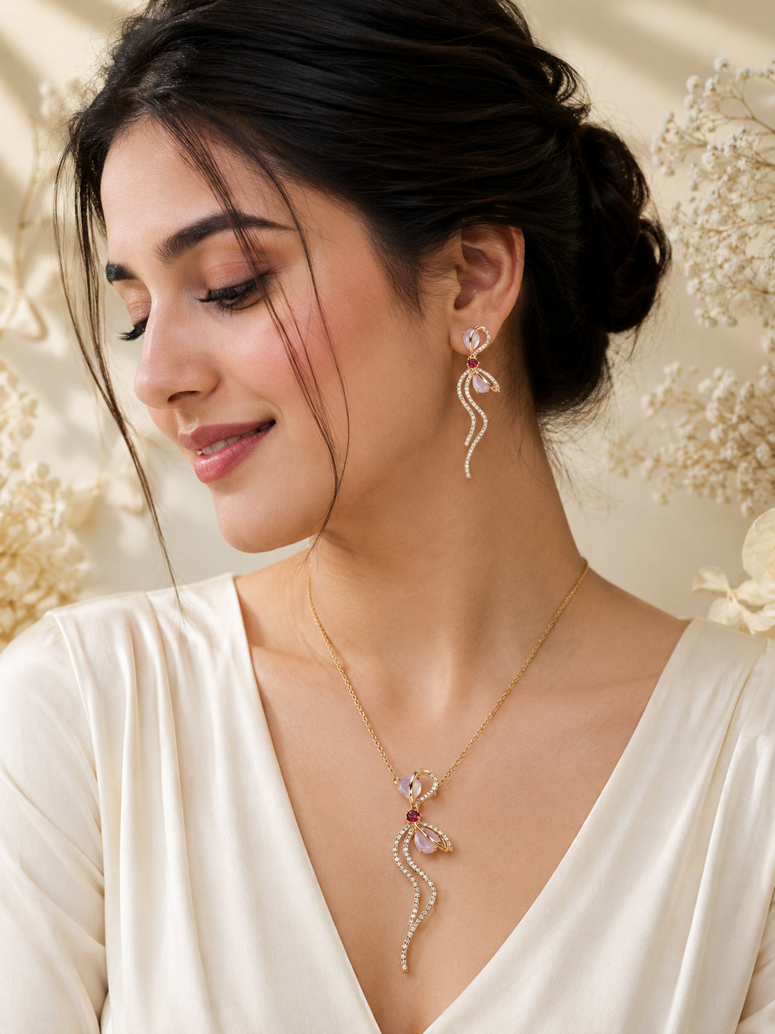 Aanura Floral Bow Necklace & Earrings Set