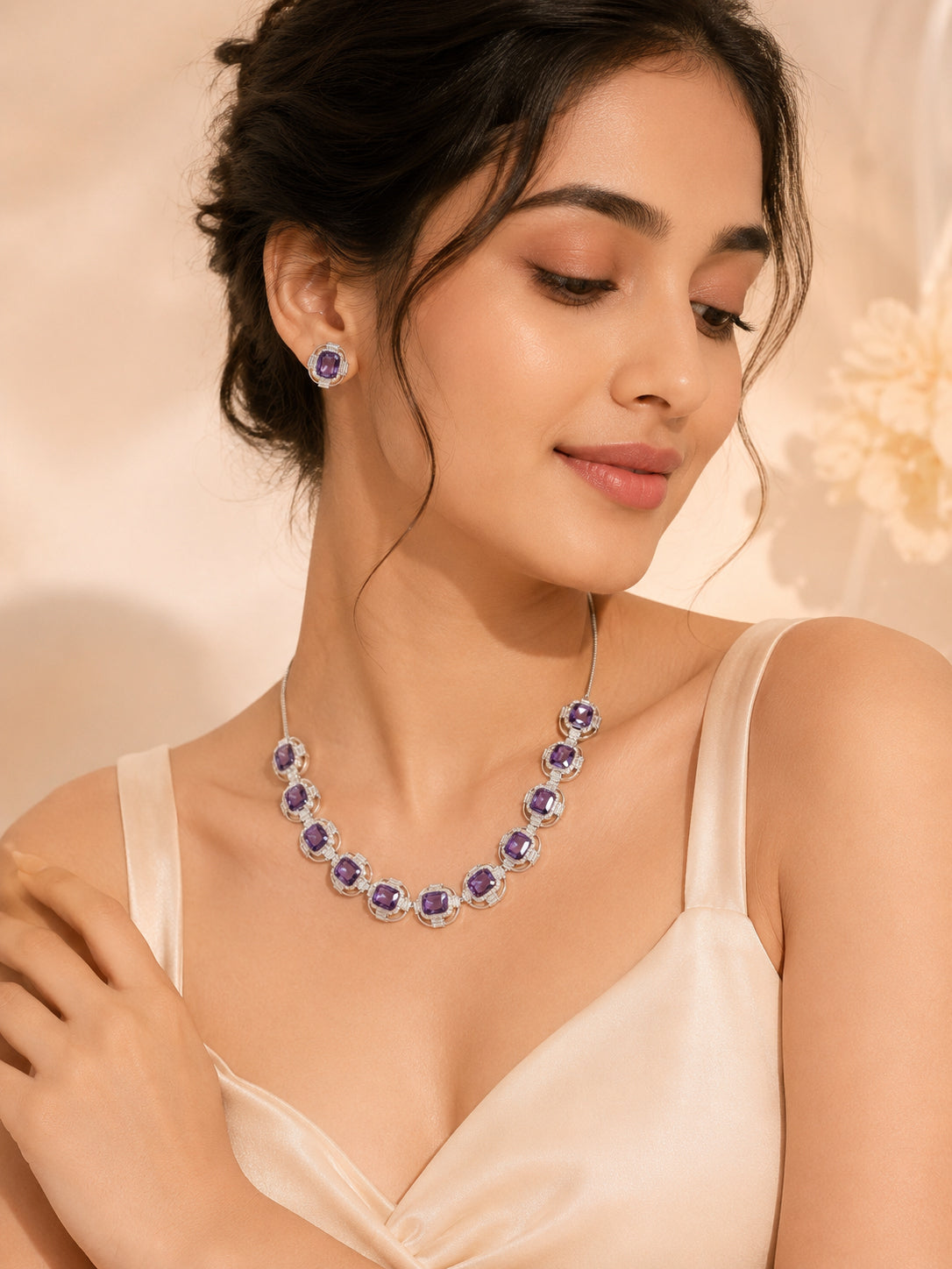 Aanura Purple Emerald-Cut Crystal Necklace Set Stainless