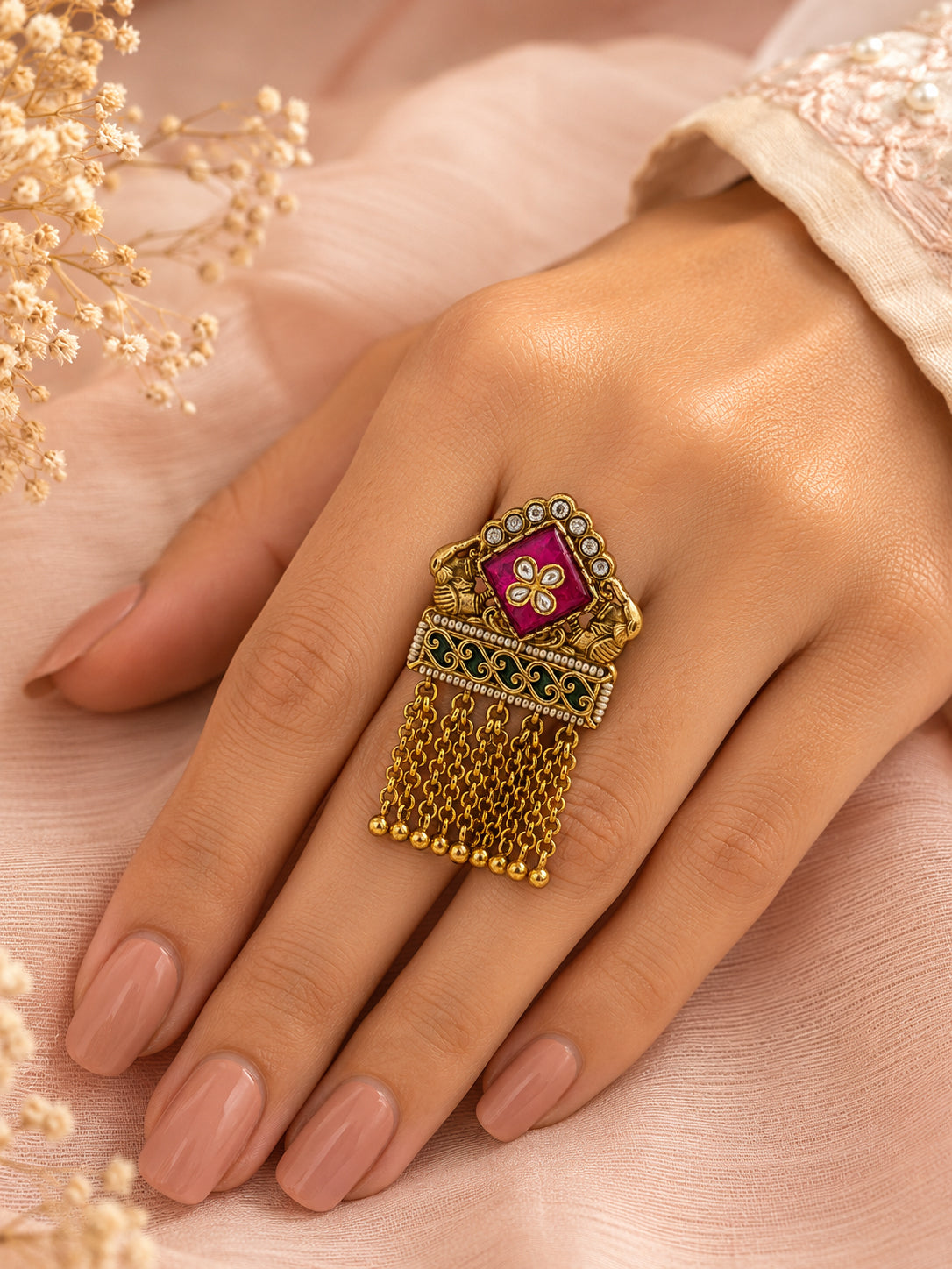 Aanura Gold-Plated Green Kundan Tassel Ring