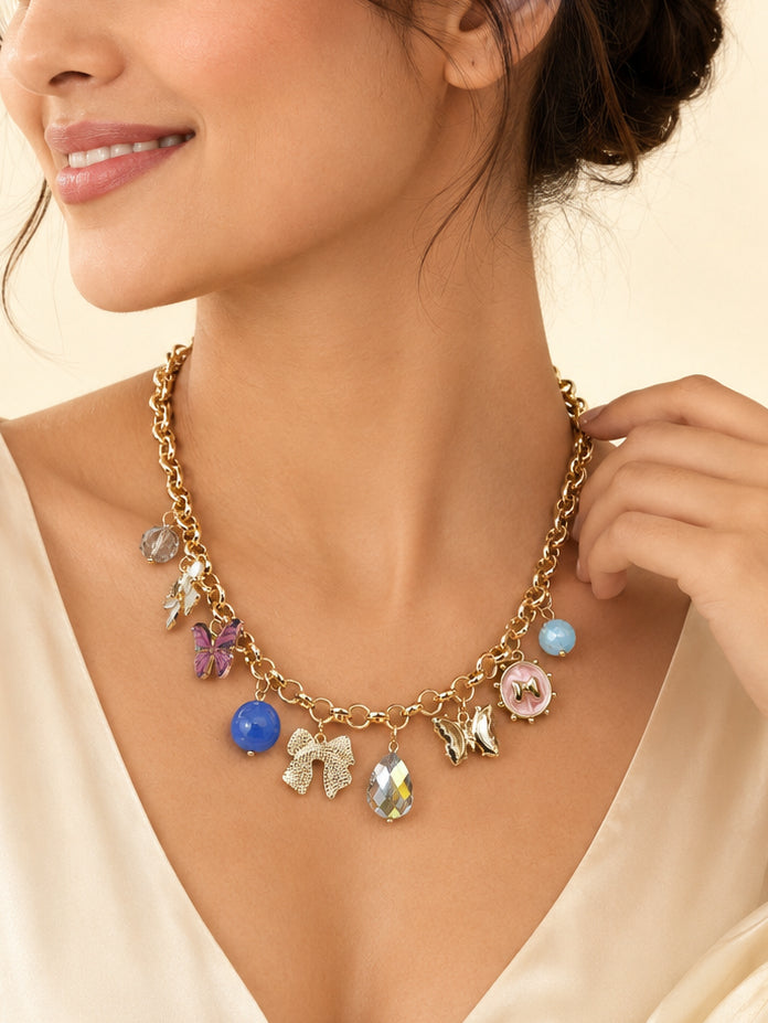 Aanura Gold Charm Necklace with Multicolor Pendants