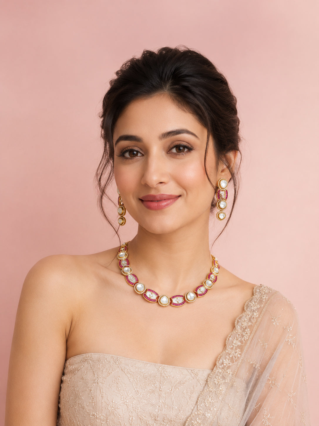 Aanura Oval Kundan Linked Necklace & Earrings