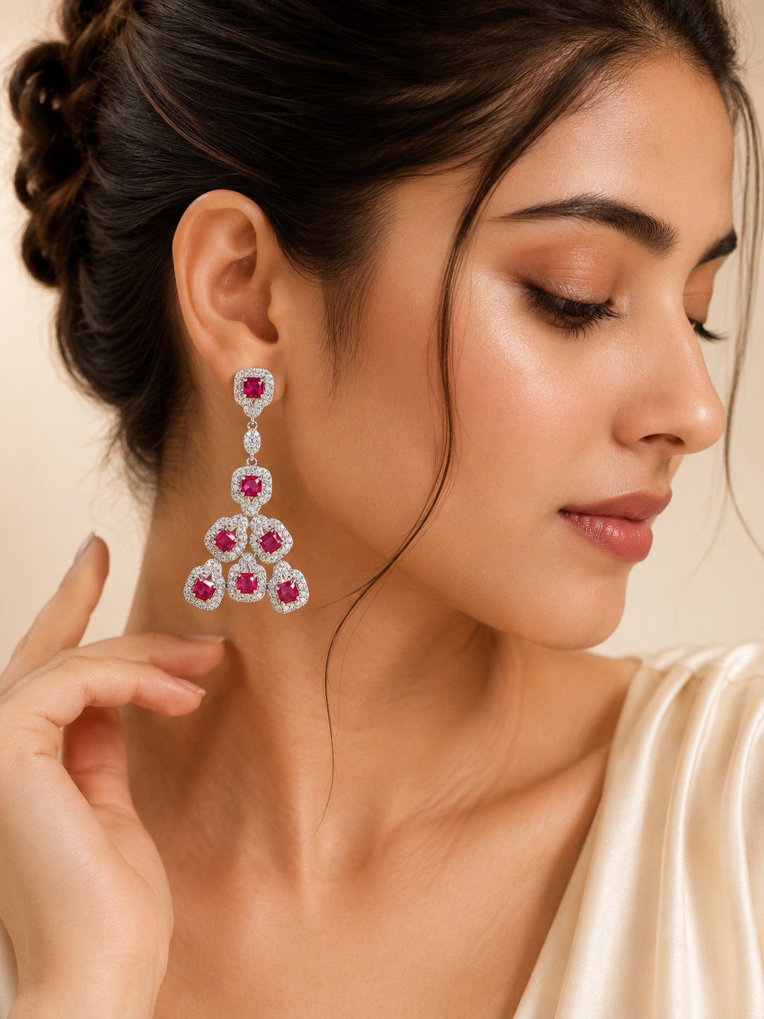 Aanura Silver Ruby Square Chandelier Earrings
