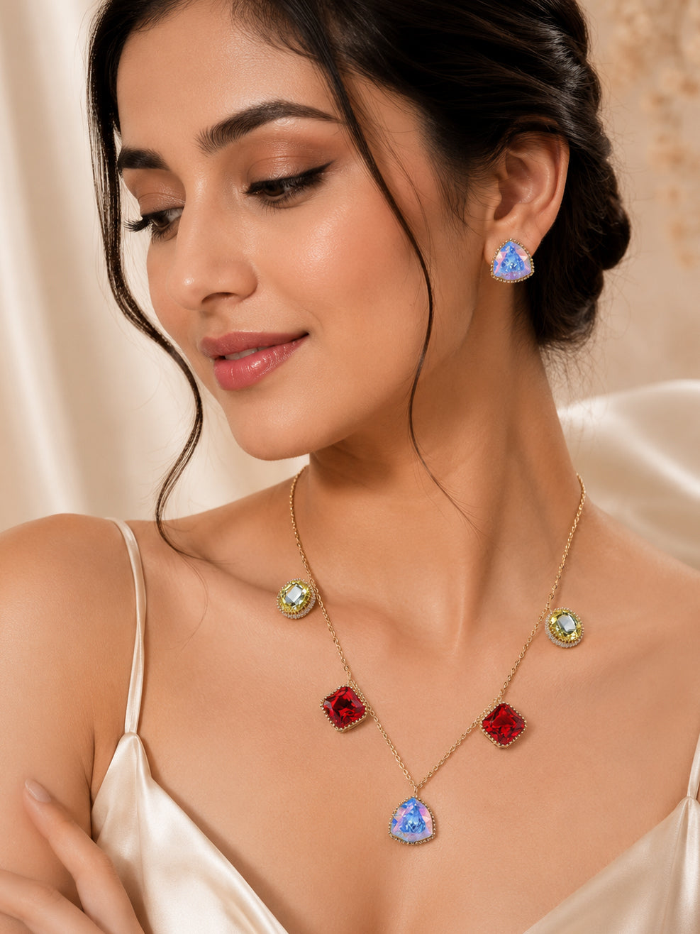 Aanura Multicolor Gemstone Necklace Set in Stainless Steel