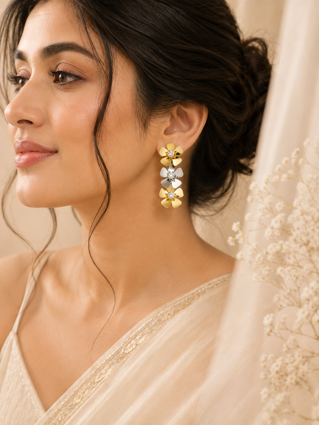 Aanura Dual-Tone Floral Crystal Stud Earrings