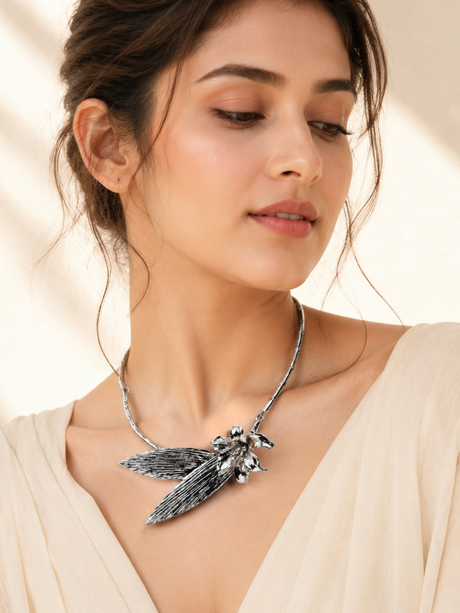 Aanura Silver Floral Statement Choker Necklace