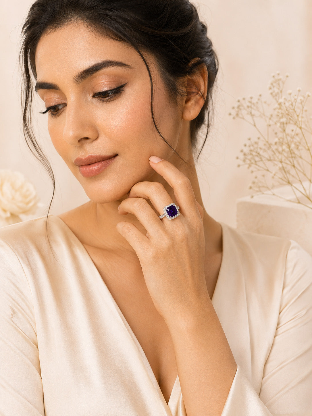 Rhodium Plated Emerald Cocktail Anti-Tarnish Waterproof Ring