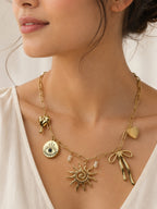 Aanura Gold Charm Necklace with Sun & Heart Pendants