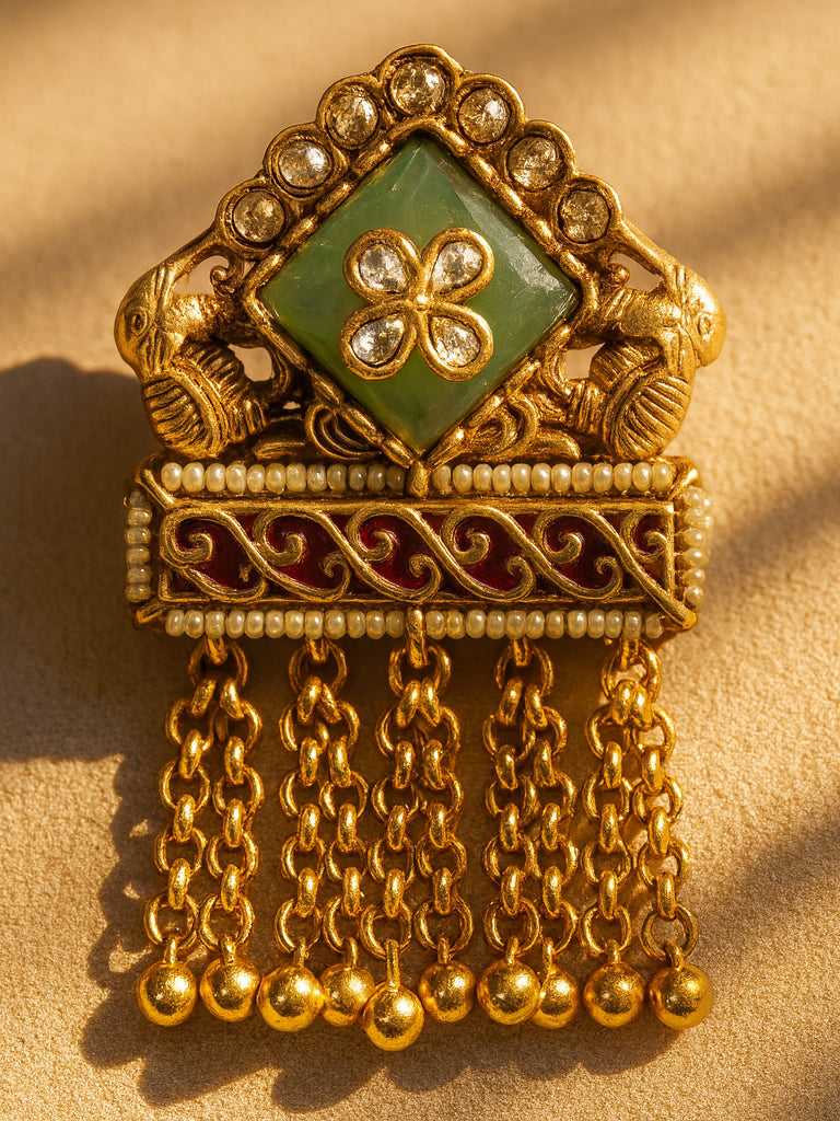 Aanura Gold-Plated Green Kundan Tassel Ring