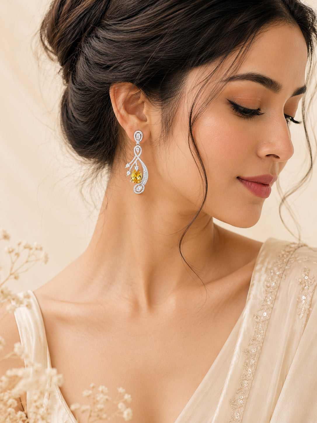 Aanura Silver Yellow Teardrop Crystal Drop Earrings