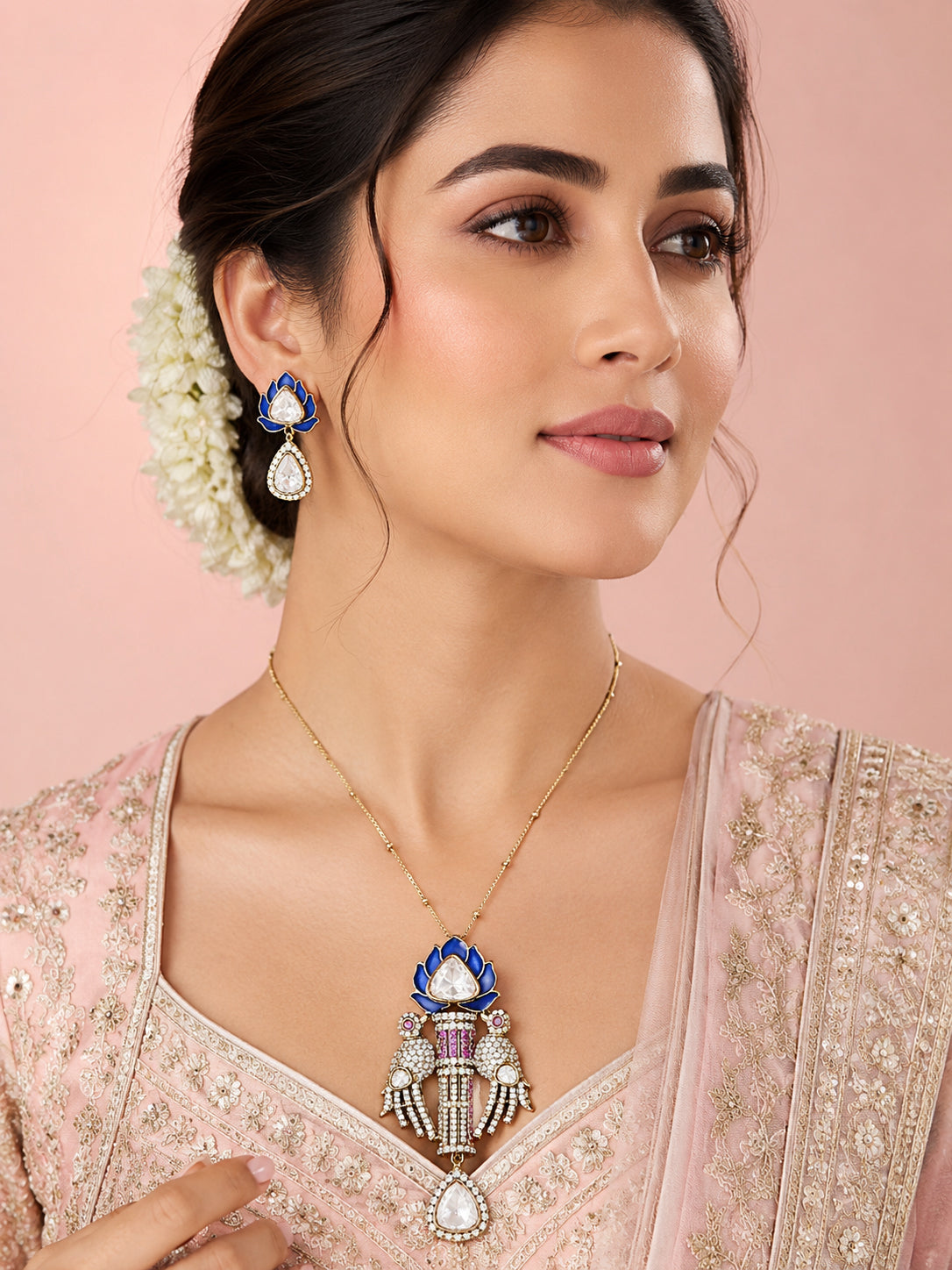 Aanura Lotus Motif Long Necklace Set with Earrings