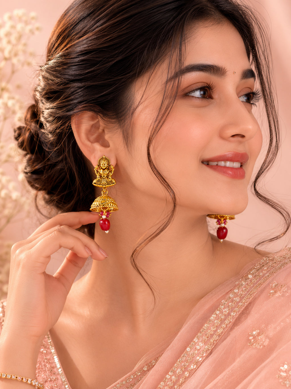 Aanura Temple Earrings with Red Stone Drop