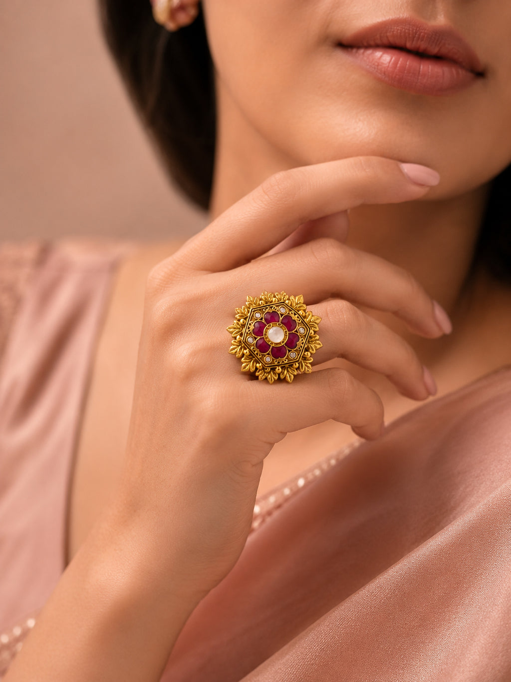 Aanura Gold-Plated Hexagon Green Floral Ring