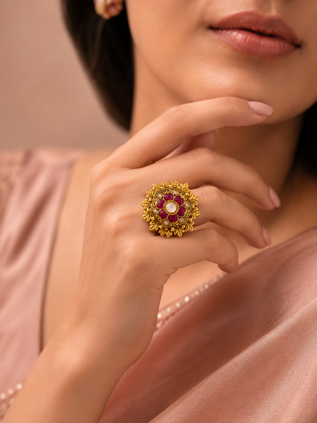 Aanura Gold-Plated Hexagon Green Floral Ring