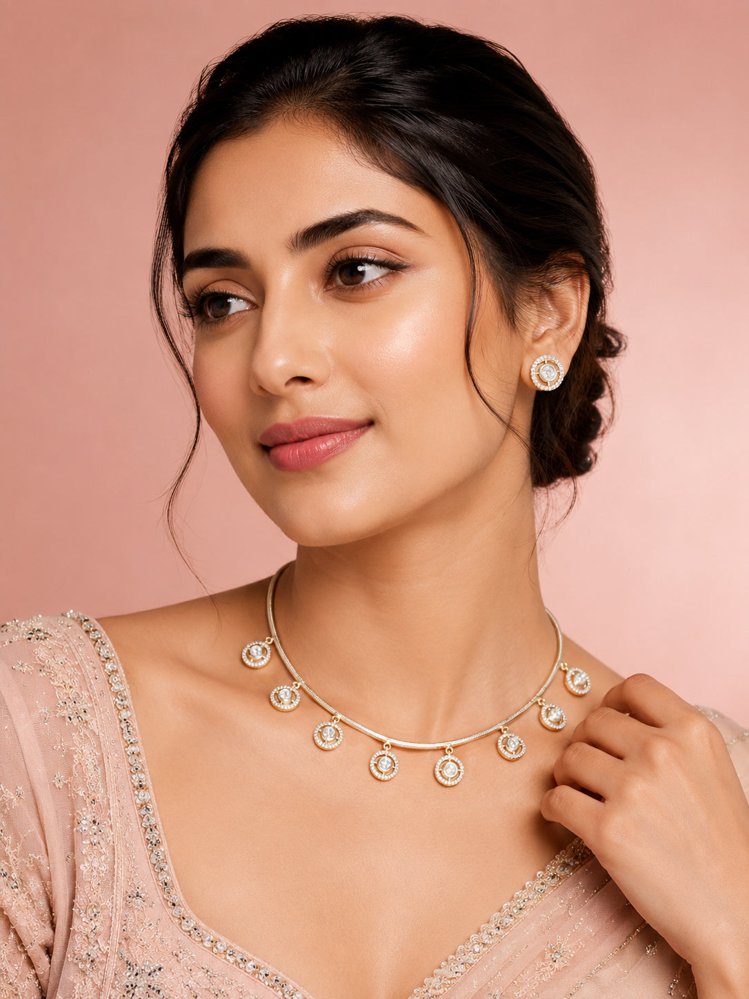 Aanura Minimal Gold Necklace Set with Round Crystal Drops