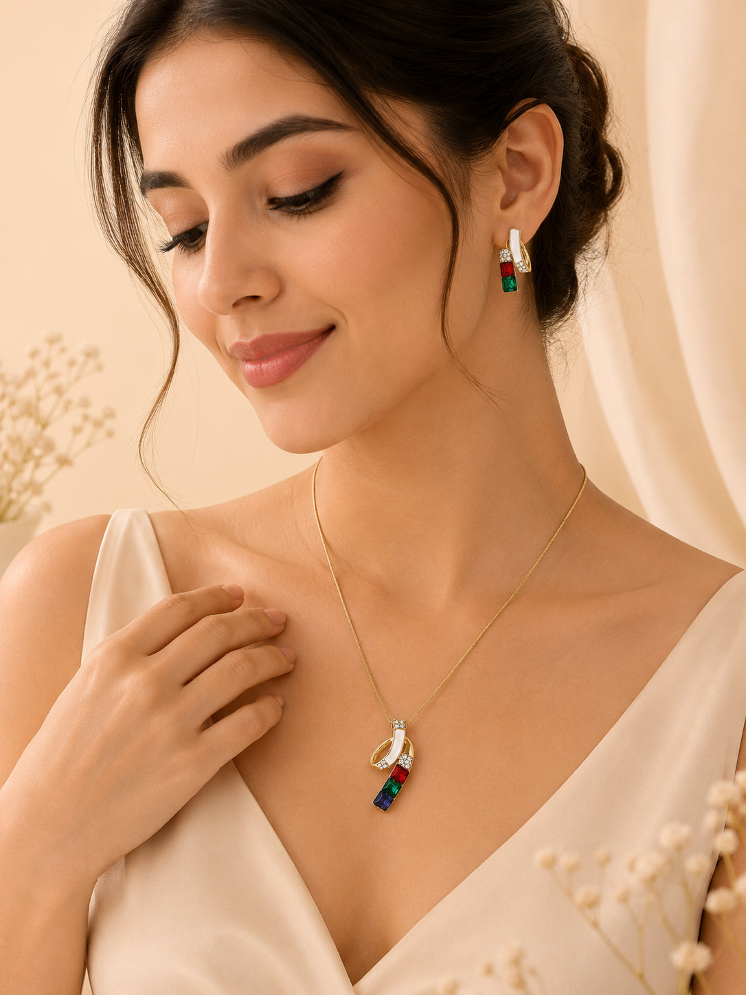 Aanura Multi-Color Ribbon Necklace & Earrings Set