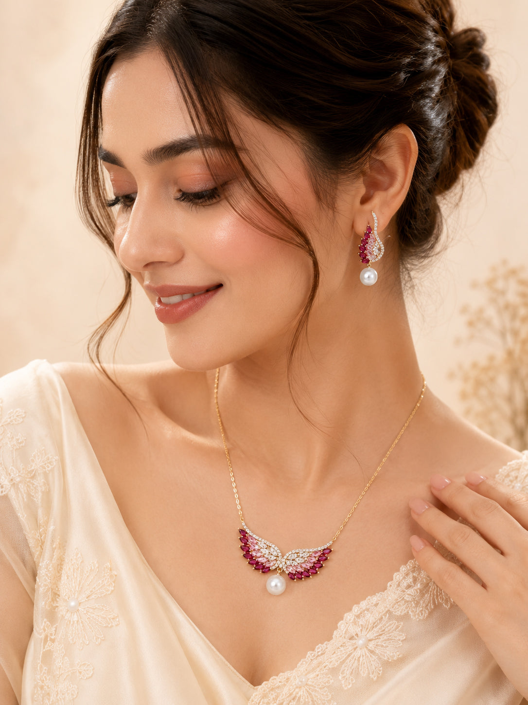 Aanura Wing Pearl Necklace & Earrings Set