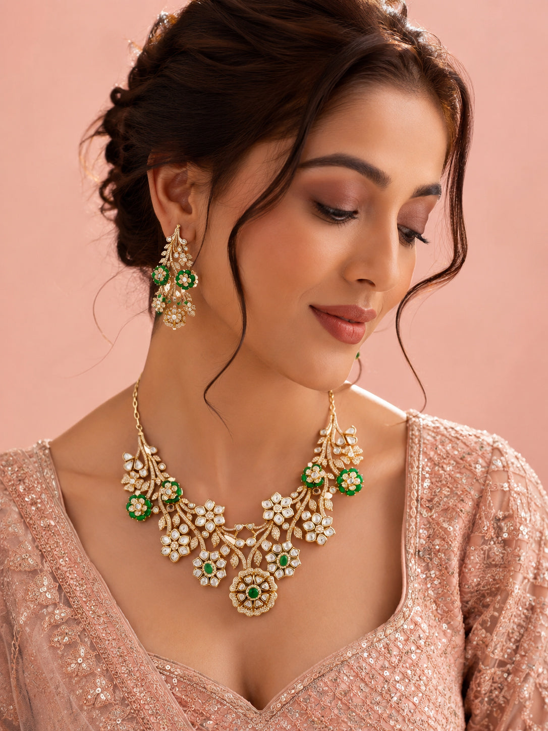 Aanura Floral Kundan Bridal Necklace Set with Earrings
