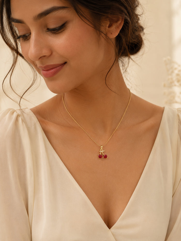 18K Gold Plated Twin Red Crystal Pendant Necklace for Women