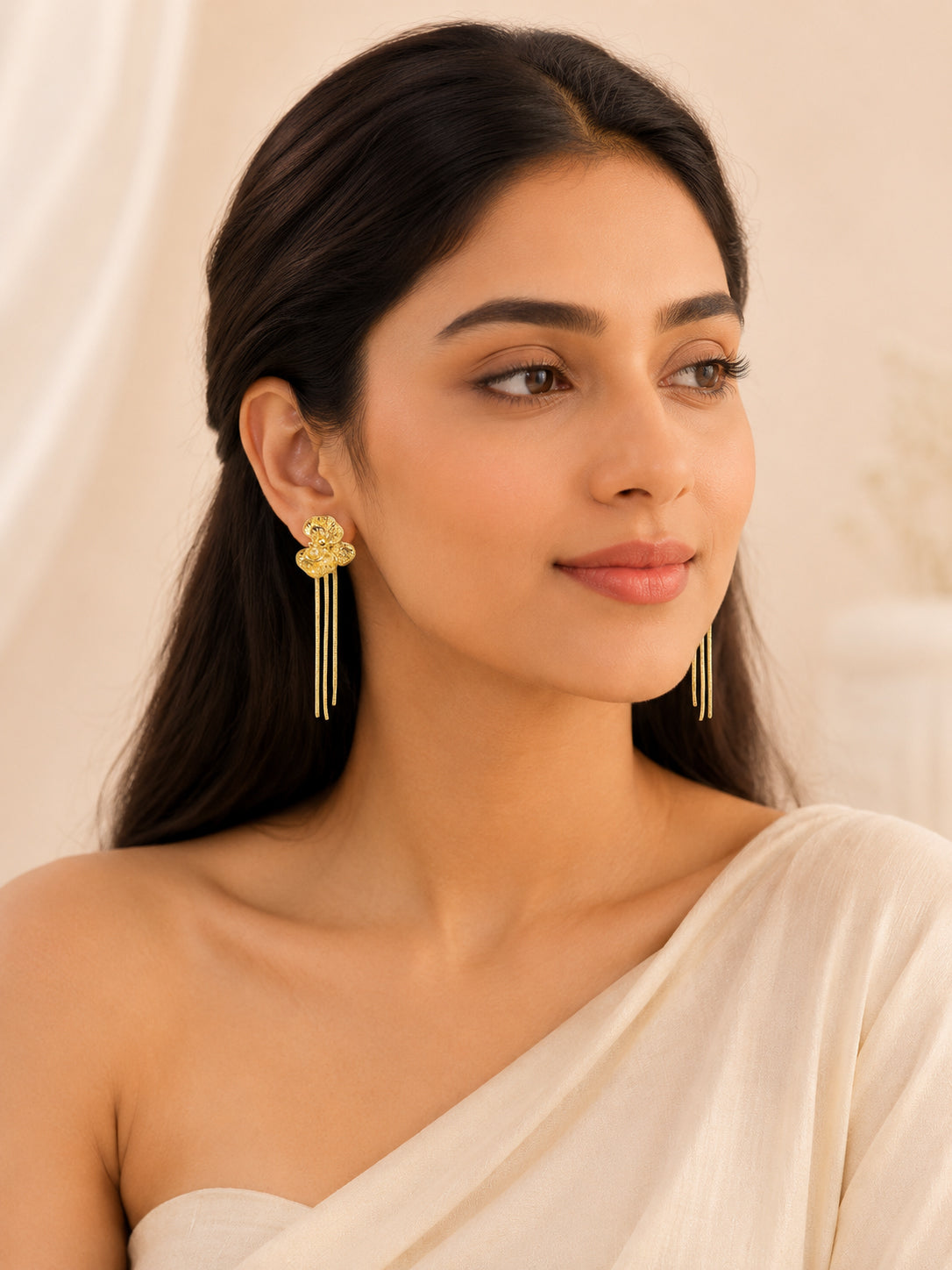 Aanura Golden Floral Tassel Earrings